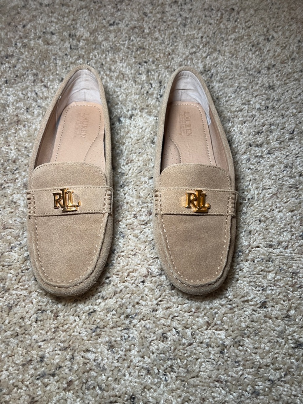 Ralph Lauren Women's Suede Loafers with Gold RLL Accent - Beige Size 7.5